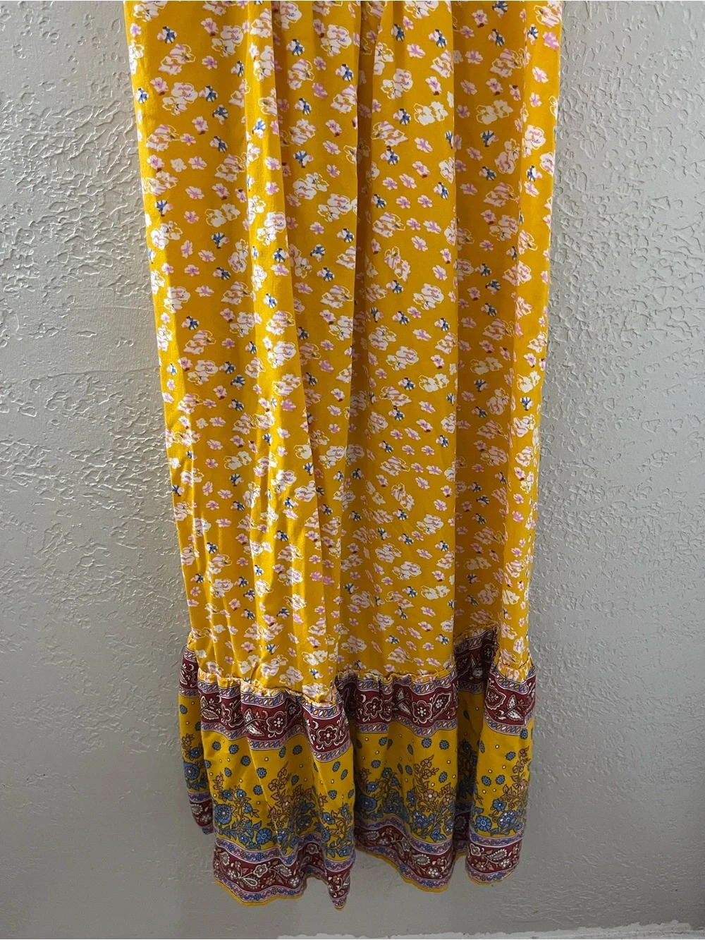 Umgee Women’s Yellow Print Boho Maxi Dress Spaghetti Strap Small‎